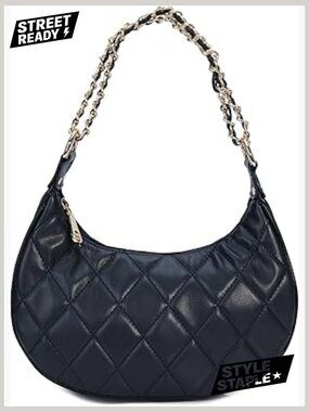 Quilted Hobo Shoulder Bag with Chain Strap - Tote Handbag